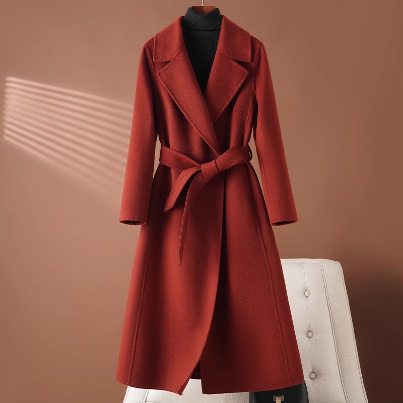 红色双面羊绒大衣女中长款2025年新款秋冬季高端赫本风羊毛呢外套